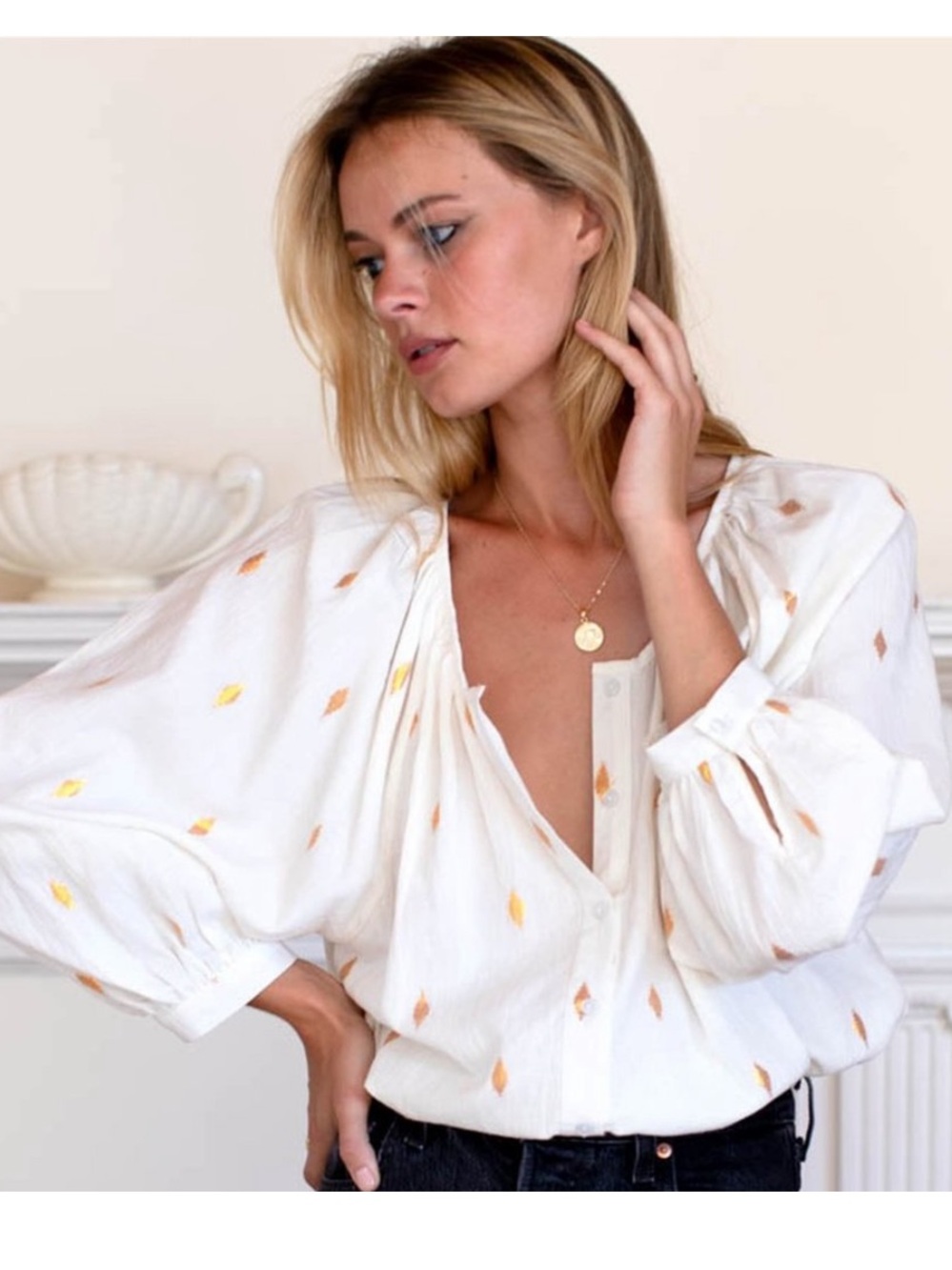 Emerson Fry Frances Blouse Ivory Gold Leaf Long Balloon Sleeve Button Down Top L